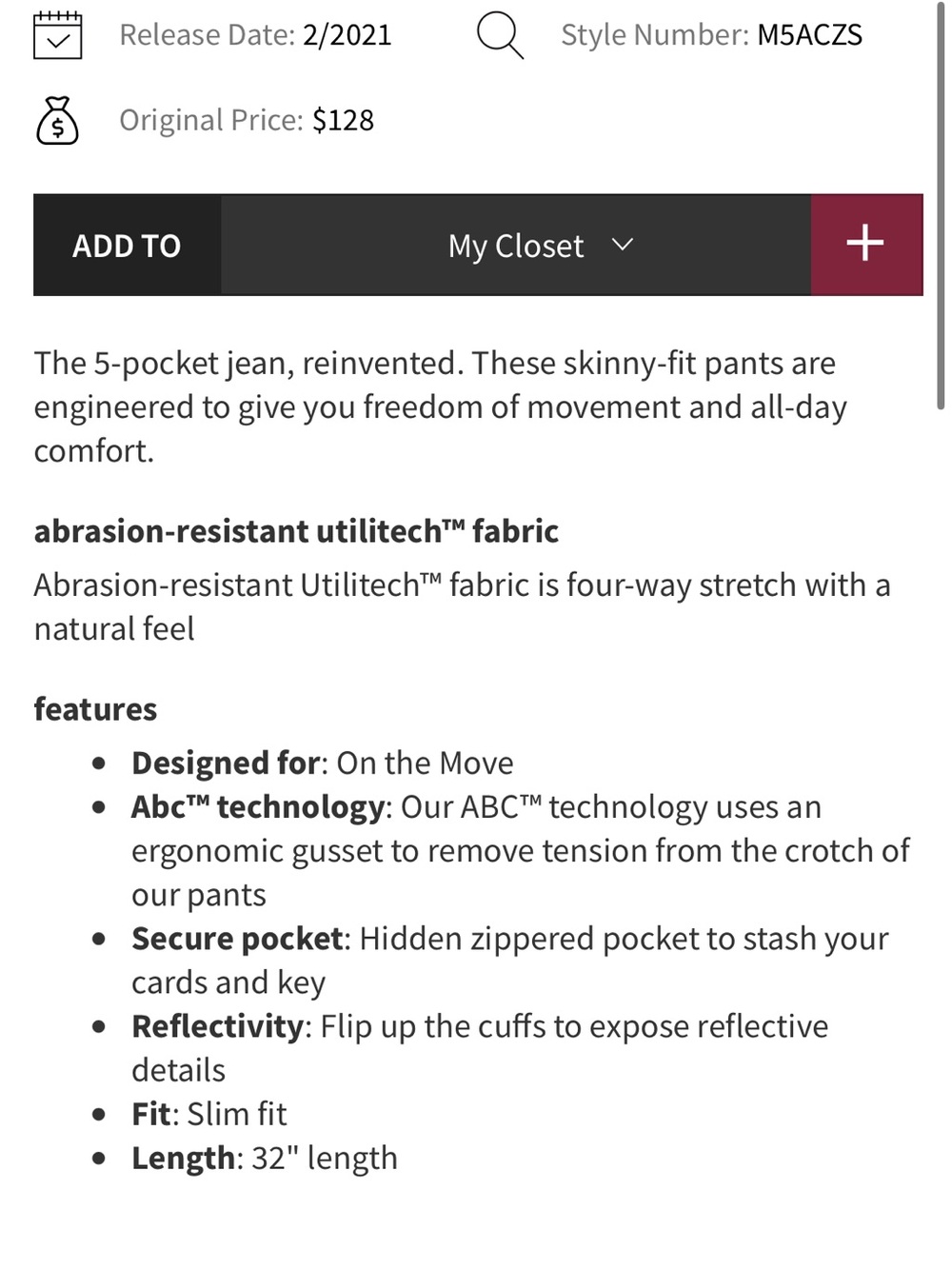 Lululemon Men’s ABC Pant Skinny 32” *Utilitech - Picture 5 of 9